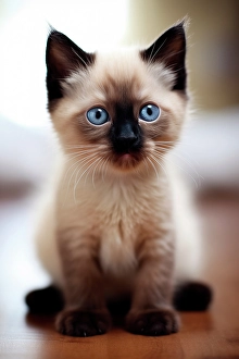 Ai Generated Prints: Siamese kitten sitting on table. (AI Generated)