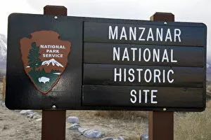 A sign marking the Manzanar war relocation camp for Japanese Americans during WWII