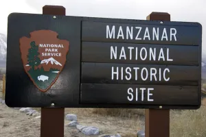 Marking Prints: A sign marking the Manzanar war relocation camp for Japanese Americans during WWII