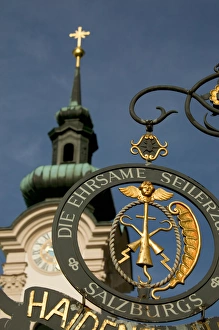 Images Dated 5th October 2004: Sign for rope shop, church tower, Salzburg, Austria