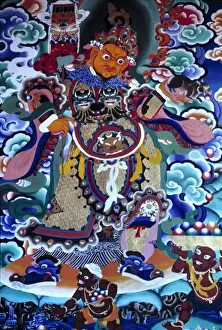 Buddhism Prints: Sikkim, Gangtok. A fiercely striking painting decorates the walls of Rumtek Monastery