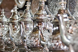Tea Pot Prints: Silver teapots in metalworking shop, Fes, Morocco