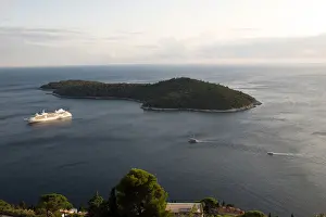 Lokrum Island Prints: Silversea cruise line, Silver Cloud cruise ship in bay next to Lokrum Island near