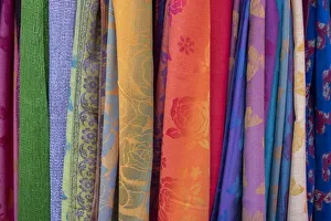 For Sale Prints: Singapore, Chinatown. Detail of typical textile souvenir scarves