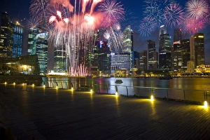Singapore Prints: Singapore. Fireworks in downtown area