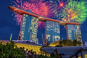 Singapore Prints: Singapore. Night fireworks over Marina Bay Sands Hotel to celebrate independence