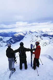 Skiers on top of the Swiss Alps at Schilthorn in Murren, Switzerland