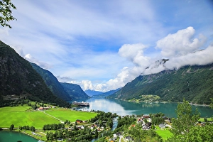 Jolly Sienda Prints: Skjolden, Norway. Aerial view, Fjord, cruise ship, Norwegian village and red barns
