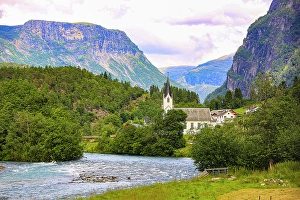 Steeple Prints: Skjolden, Norway. Sognefjord, white steeple church in village