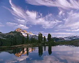 Cabin Prints: Under a sky of wispy clouds, Mount Garibaldi towers over Elfin Lakes in Mount Garibaldi