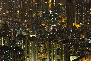 Cityscape Prints: Skyline in downtown at dusk, Hong Kong, China