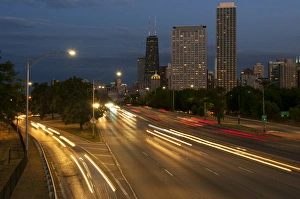 Traffic Prints: Skyline at dusk from North Avenue bridge, Lake Shore Drive