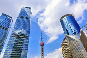 Three Skyscrapers Reflections Oriental Pearl TV Tower Liujiashui Financial District Shanghai China