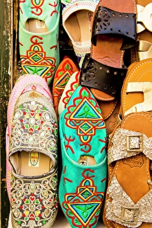 Medina Prints: Slippers shoes in shops along narrow cobblestone streets of Kasbah in Bab Al Fahs