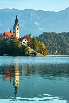 Stairway Prints: Slovenia, Bled, Lake Bled. Town and island church reflect in lake