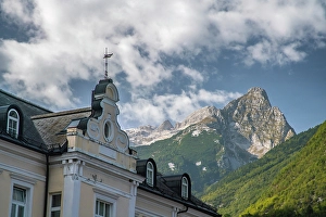 Julian Alp Prints: Slovenia, Bovec. House with Julian Alps in background
