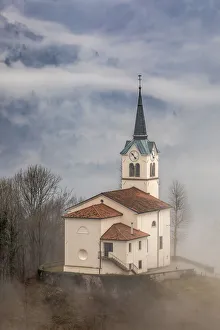 Steeple Prints: Slovenia, church on the hillside in Kobarid