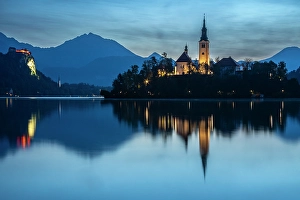 Lighting Prints: Slovenia, Lake Bled. Sunset lighting reflects in lake