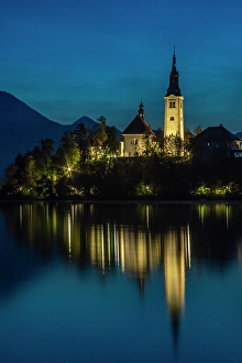 Lighting Prints: Slovenia, Lake Bled. Sunset lighting reflects in lake