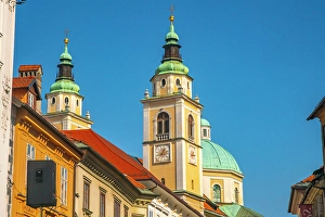 Slovenia Prints: Slovenia, Ljubljana. Building towers in capital city