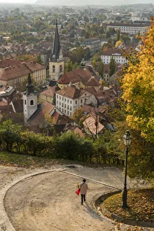 Slovenia, Ljubljana. Late afternoon light falling on the heart of the old town