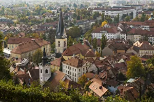 Images Dated 11th October 2017: Slovenia, Ljubljana. Late afternoon light falling on the heart of the old town, viewed
