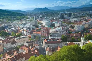 Town Square Prints: SLOVENIA-Ljubljana: Presernov Trg Square / View from Castle Hill / Belvedere Tower