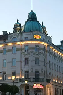 SLOVENIA-Ljubljana (Slovenian Capital): Detail of the Union Hotel / Evening