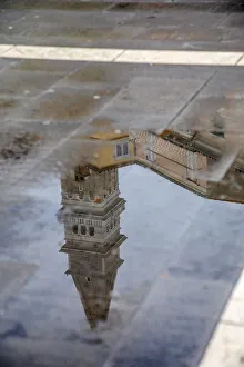 Steeple Prints: Slovenia, Piran. Reflection of a tower after the rain