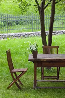 Yard Prints: SLOVENIA, PRIMORSKA, Spodnja Idrija: Table on Grounds of 14th Century Hotel Kendov Dvorec