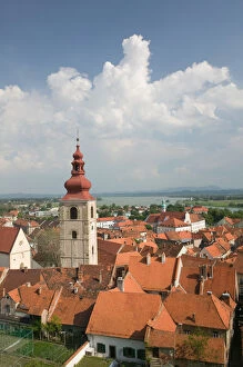SLOVENIA-Stajerska-Ptuj: City View from Ptuj Castle & Church of St. George Tower