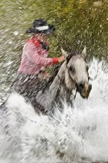 Slow motion view of cowgirl riding through water, Montana