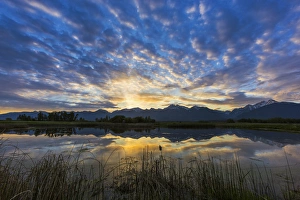 Mission Valley Prints: Small pond reflects the Mission Mountains at sunrise in the Ninepipe WMA in the Mission Valley