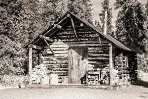 Cabin Prints: Small, rustic log home in sepia