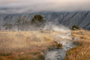 Curving Prints: Small steaming hot spring running through meadow of golden autumn grasses, Canary Spring