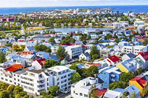 Neighborhood Prints: Small Tjornin Lake blue Ocean Sea Colorful blue red white green Houses Streets, Reykjavik