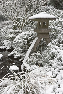 Oriental Prints: Snow-covered stone lantern, Portland Japanese Garden, Oregon