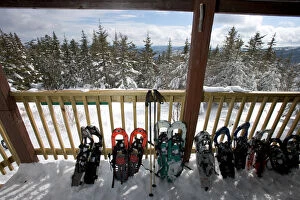 Images Dated 12th February 2005: Snowshoes on the front porch of the Appalachian Mountain Clubs Hi-Cabin on Mount