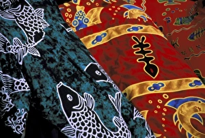 Scarf Prints: Society Islands, French Polynesia, Close-up of nautical designs on batik at a market