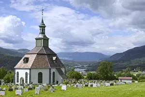 Grave Prints: Sofar Fron octagonal stone church 1792 over looks Laggen River river valley, Ringebu