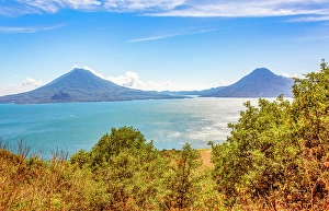 Volcanic Prints: Solola Department, Guatemala. Panoramic view of Lake Atitlan surrounded by three volcanoes