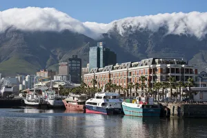 Mountainside Prints: South Africa, Cape Town. Victoria & Alfred Waterfront, Table Mountain in the distance