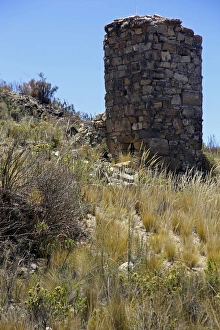 Grave Prints: South America, Bolivia, Kala Uta Island. Chullpa, or funerary tower, of Lake Titicaca