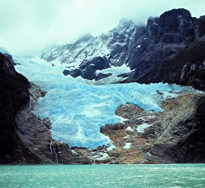 Frozen Prints: South America, Chile, Ultima Esperanza Fjord. The blue ice of Balmaceda Glacier creeps