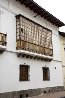 South America, Ecuador, Quito. Historic old Spanish style balcony
