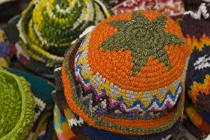 Images Dated 19th April 2007: South America, Ecuador, Saquisili, hats on display at food and crafts market which