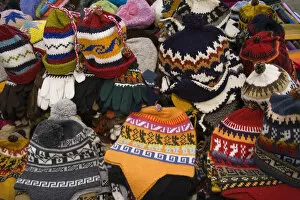 Images Dated 19th April 2007: South America, Ecuador, Saquisili, hats on display at weekly food and crafts market
