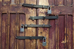 Images Dated 11th February 2011: South America, Mexico, San Miguel de Allende. Detail of wooden door with four locks
