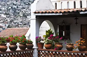 Geranium Prints: South America, Mexico, Taxco. Close-up of a home with other houses on hillside. Credit as
