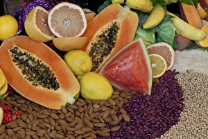 Images Dated 24th November 2011: South America, Mexico, Tecate. Display of fruit, nuts, and grains at Rancho La Puerta